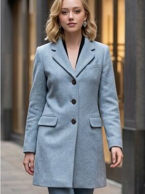 Daniel Hechter Y2K Classic Blue Single-Breasted Wool Blend Pea Trench Coat-M